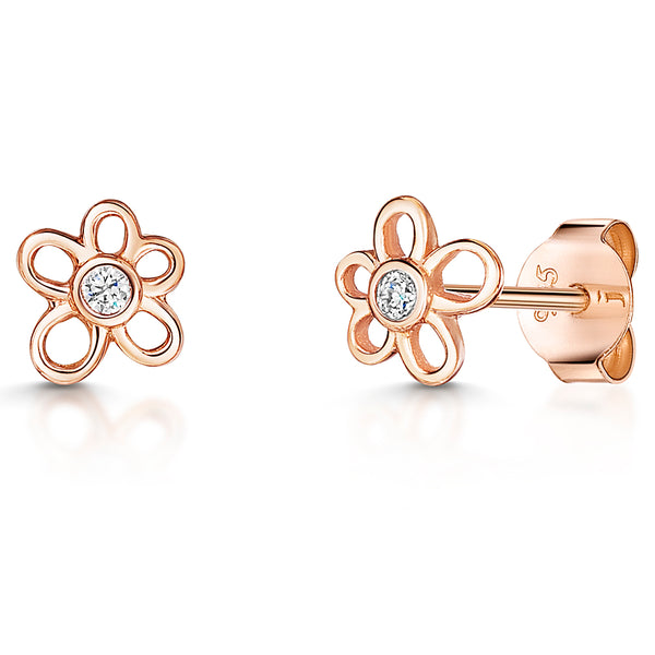A pair of rose gold flower-shaped stud earrings with a central cubic zirconia-JOOLS by Jenny Brown