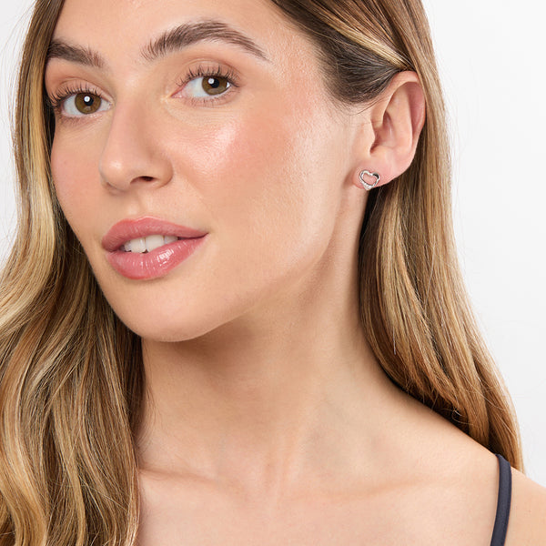 Sterling Silver Open Heart Earrings Studs Satin and Polish Finished Set With Cubic Zirconia Stones - JOOLS By Jenny Brown