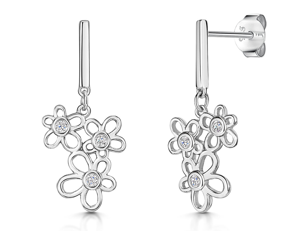 Silver Triple Flower Cubic Zirconia Drop Earrings-JOOLS by Jenny Brown
