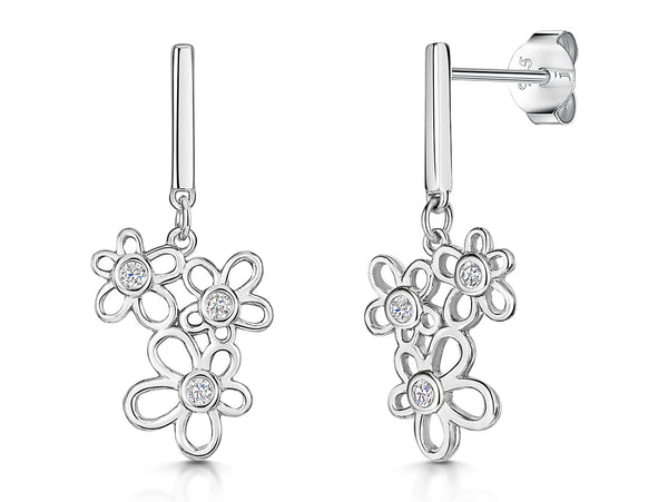 Silver Triple Flower Cubic Zirconia Drop Earrings-JOOLS by Jenny Brown