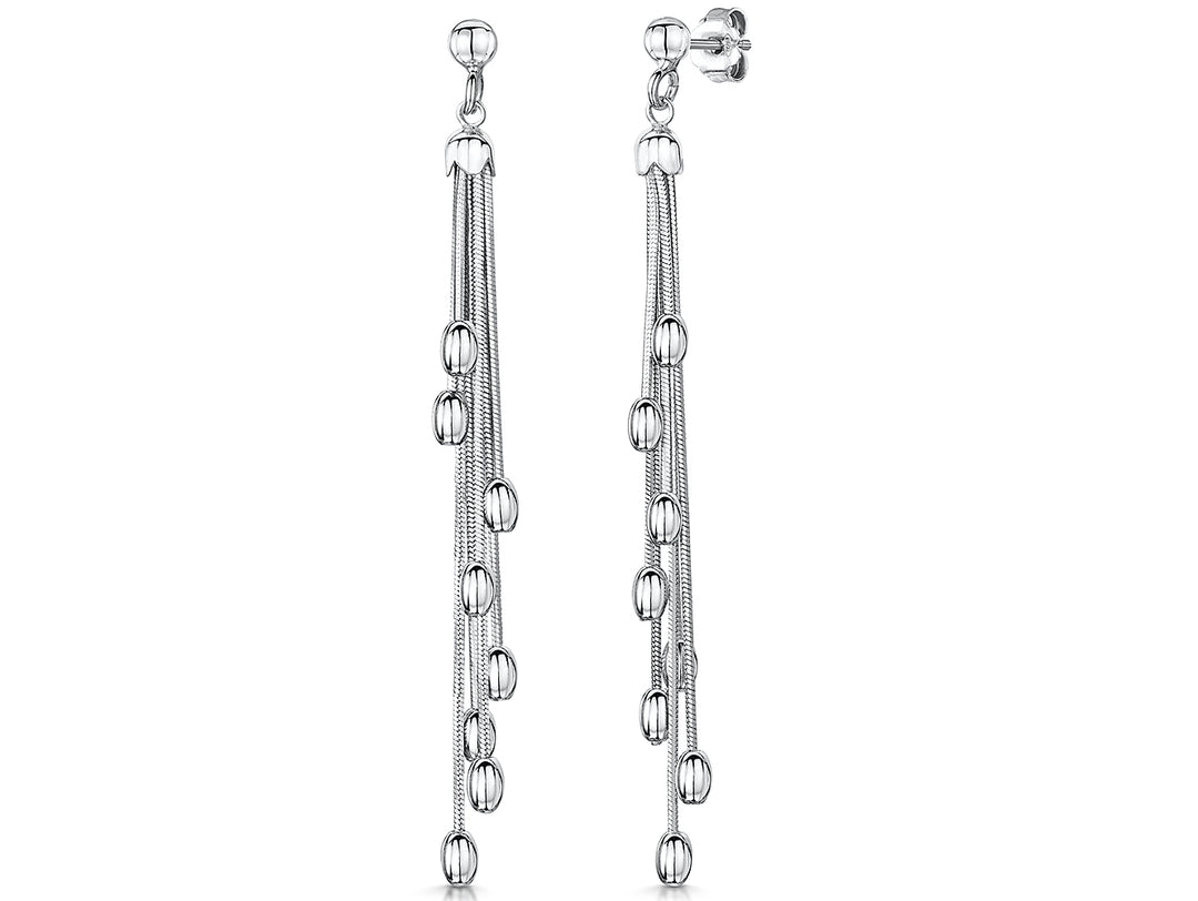 A pair of sterling silver tassel drop earrings with polished beaded ends 7.4cm long-JOOLS by Jenny Brown