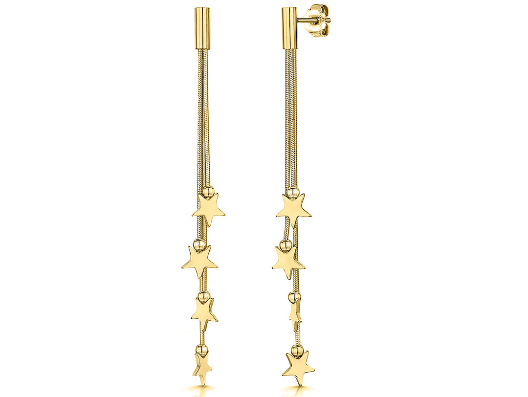 Yellow Gold  Or Silver Long Graduated 4 Star Drop Earrings-JOOLS by Jenny Brown