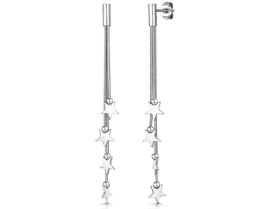 A pair of sterling silver chain drop earrings with star designs, rhodium finished for tarnish resistance, with gift packaging.