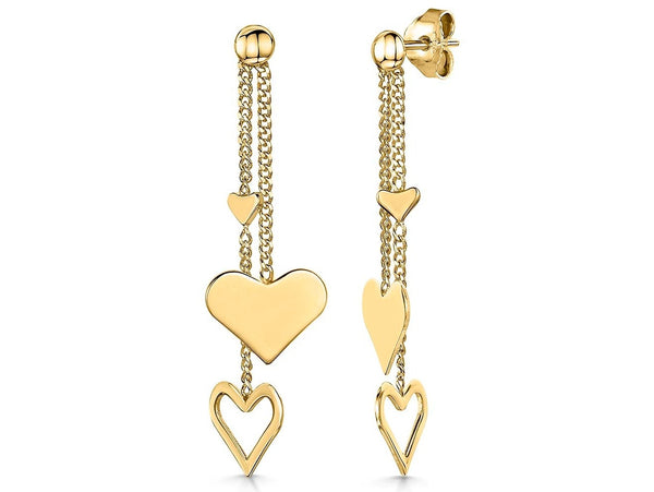 Yellow Gold  Triple Heart Drop Chain Earrings