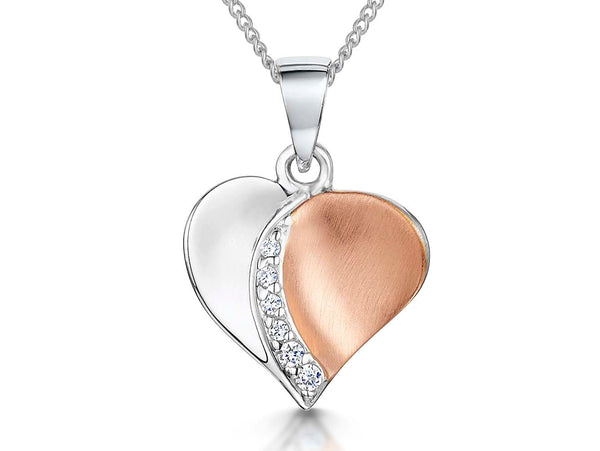 Half Silver Half Rose Gold Satin Finished Heart Pendant - JOOLS By Jenny Brown