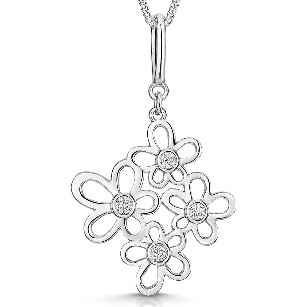 Sterling silver pendant with a graduated multi-flower design set with cubic zirconia centres, on a chain.-JOOLS by Jenny Brown