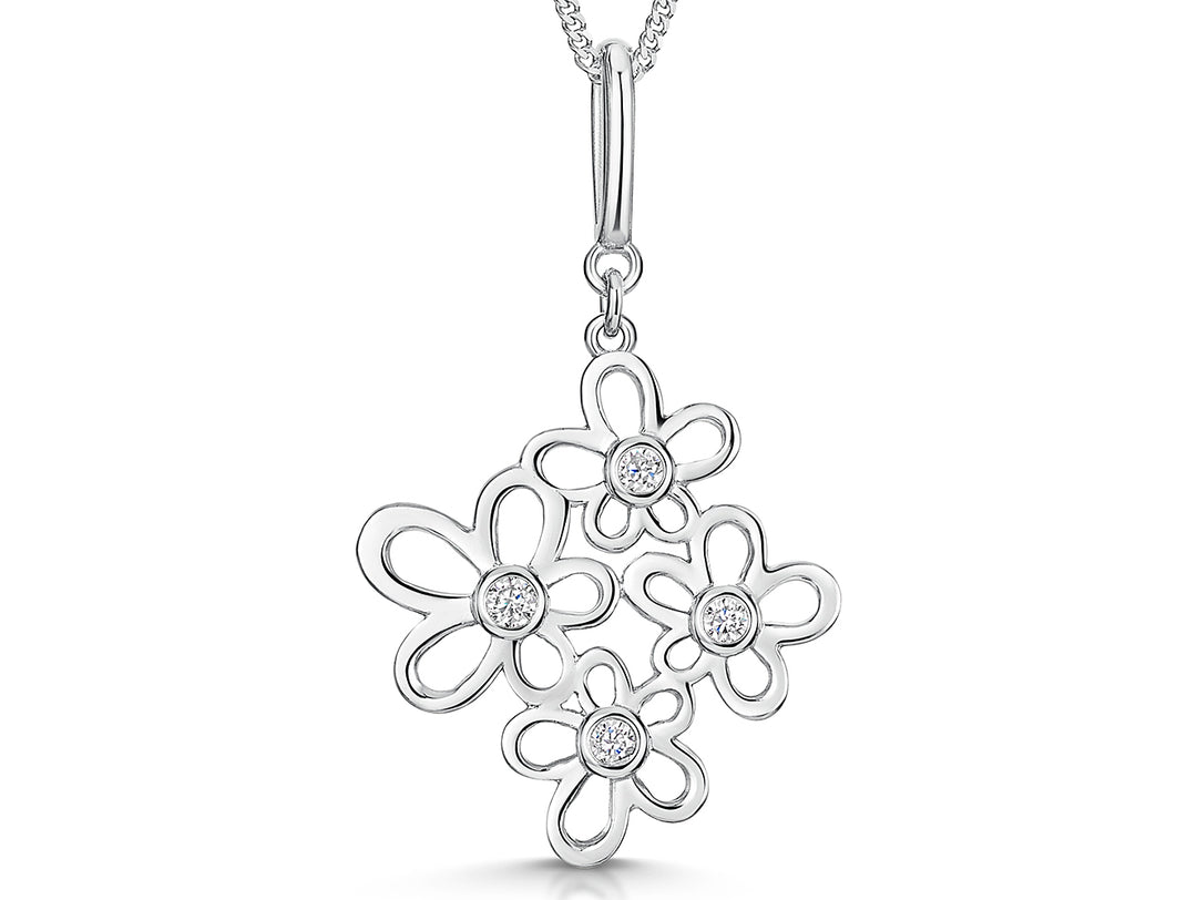 Sterling silver pendant with a graduated multi-flower design set with cubic zirconia centres, on a chain.-JOOLS by Jenny Brown