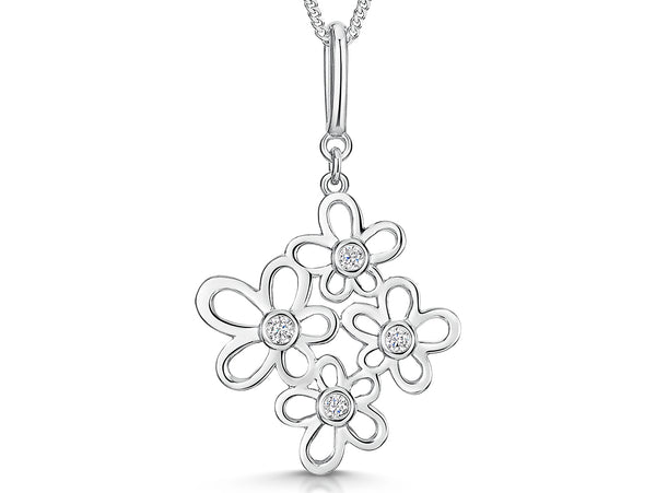 Sterling silver pendant with a graduated multi-flower design set with cubic zirconia centres, on a chain.-JOOLS by Jenny Brown