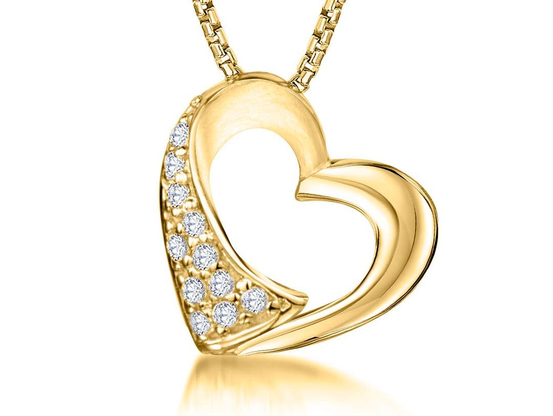 A yellow gold vermeil heart-shaped pendant with polished and satin finishes, adorned with offset cubic zirconias, displayed on a chain.