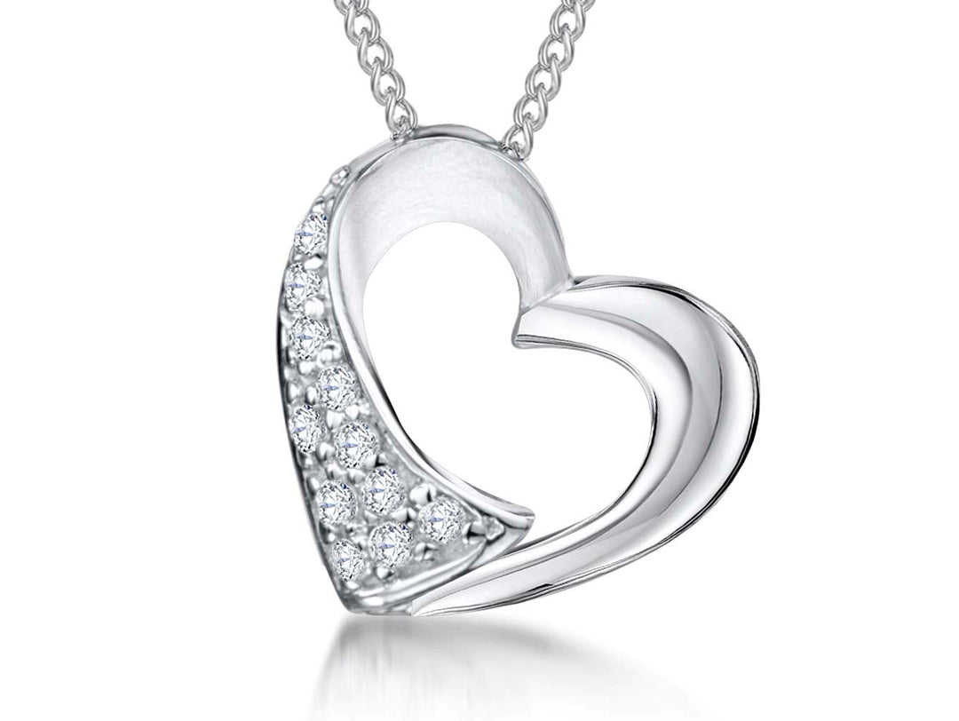 A sterling silver heart-shaped pendant with polished and satin finishes, adorned with offset cubic zirconias, displayed on a chain.