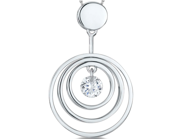 A sterling silver pendant with three silver rings and a suspended cubic zirconia center stone.-JOOLS by Jenny Brown