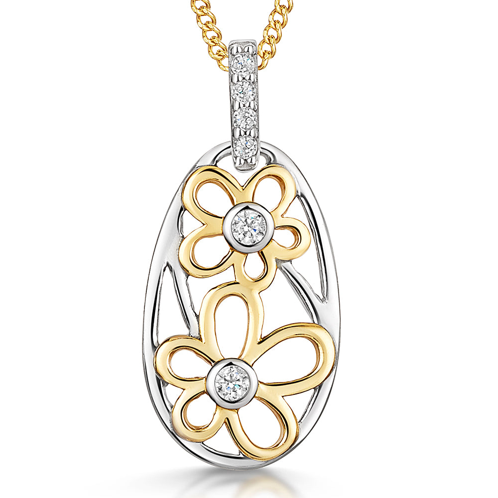 Sterling Silver And Yellow Gold Oval Pendant Filled With Flowers-JOOLS by Jenny Brown