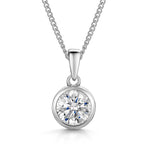 Load image into Gallery viewer, A sterling silver solitaire pendant with a round cubic zirconia stone in a rub over setting, displayed on a silver chain.-JOOLS by Jenny Brown
