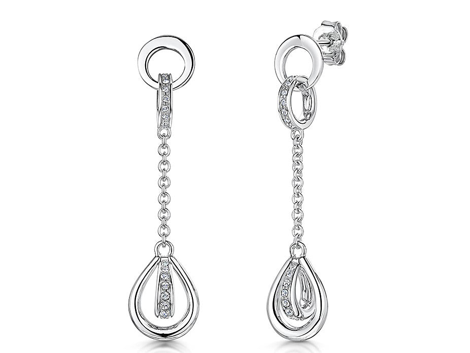 Sterling Silver Drop Earrings - Art Deco Style Set With A Drop Oval Feature and Cubic Zirconia Centres