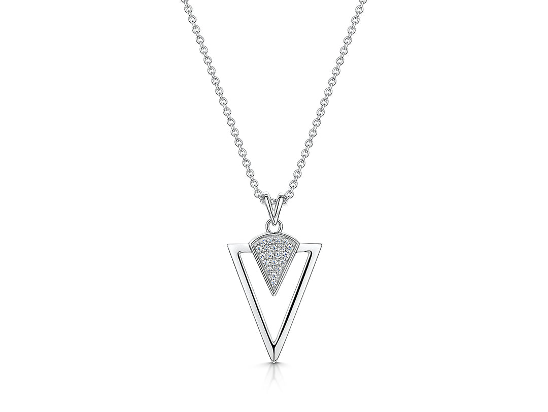 Sterling Silver Necklace - Art Deco Style Featuring A Silver Triangle With Cubic Zirconia Stones