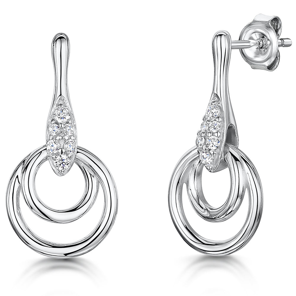 Sterling Silver Drops With Double Circles and Cubic Zirconia