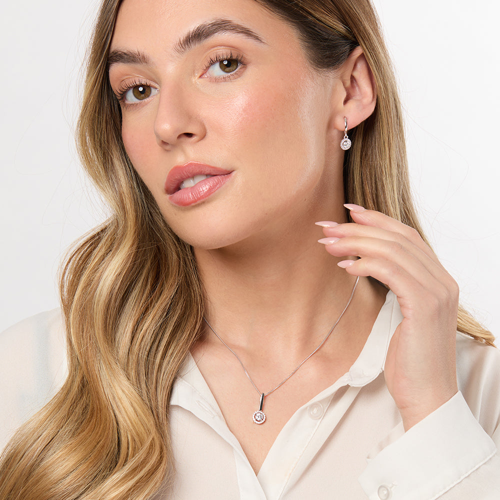 A pair of sterling silver half hoop earrings with halo cubic zirconia drop,-JOOLS by Jenny Brown