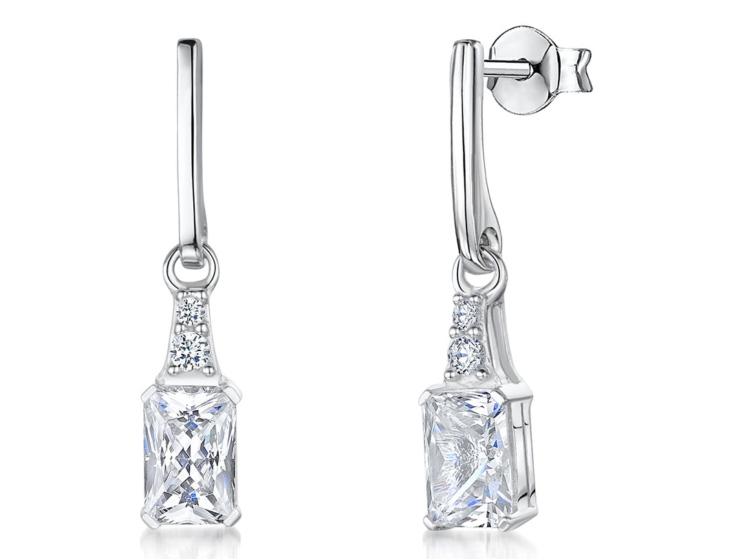 Sterling Silver Radiant Cut Cubic Zirconia Drop Earrings-JOOLS by Jenny Brown