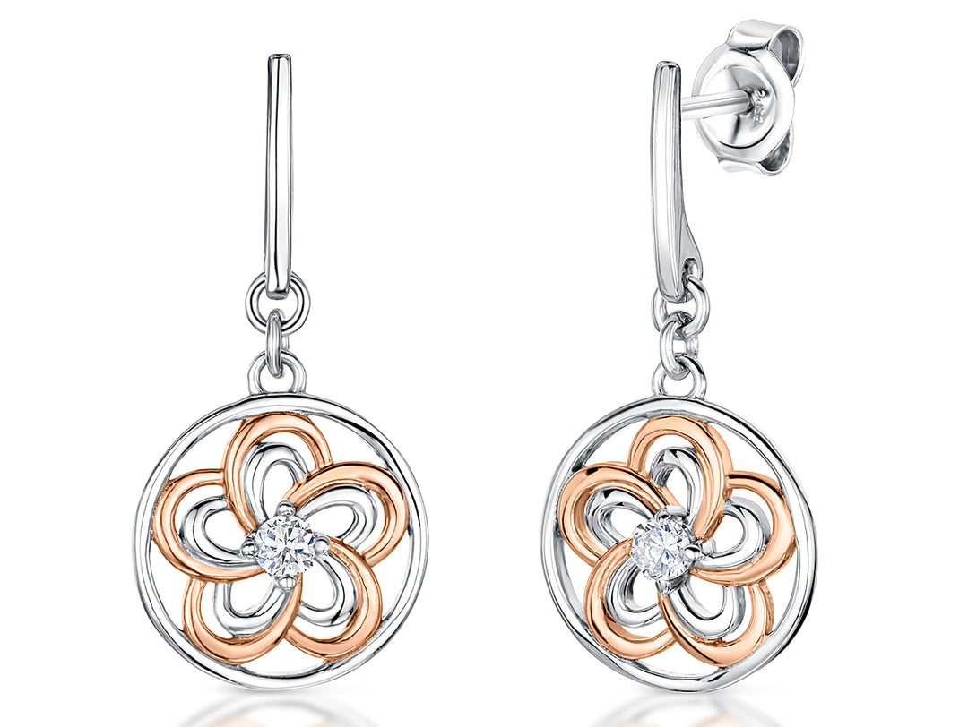 Sterling Silver Rose Gold Flower Drop Earrings