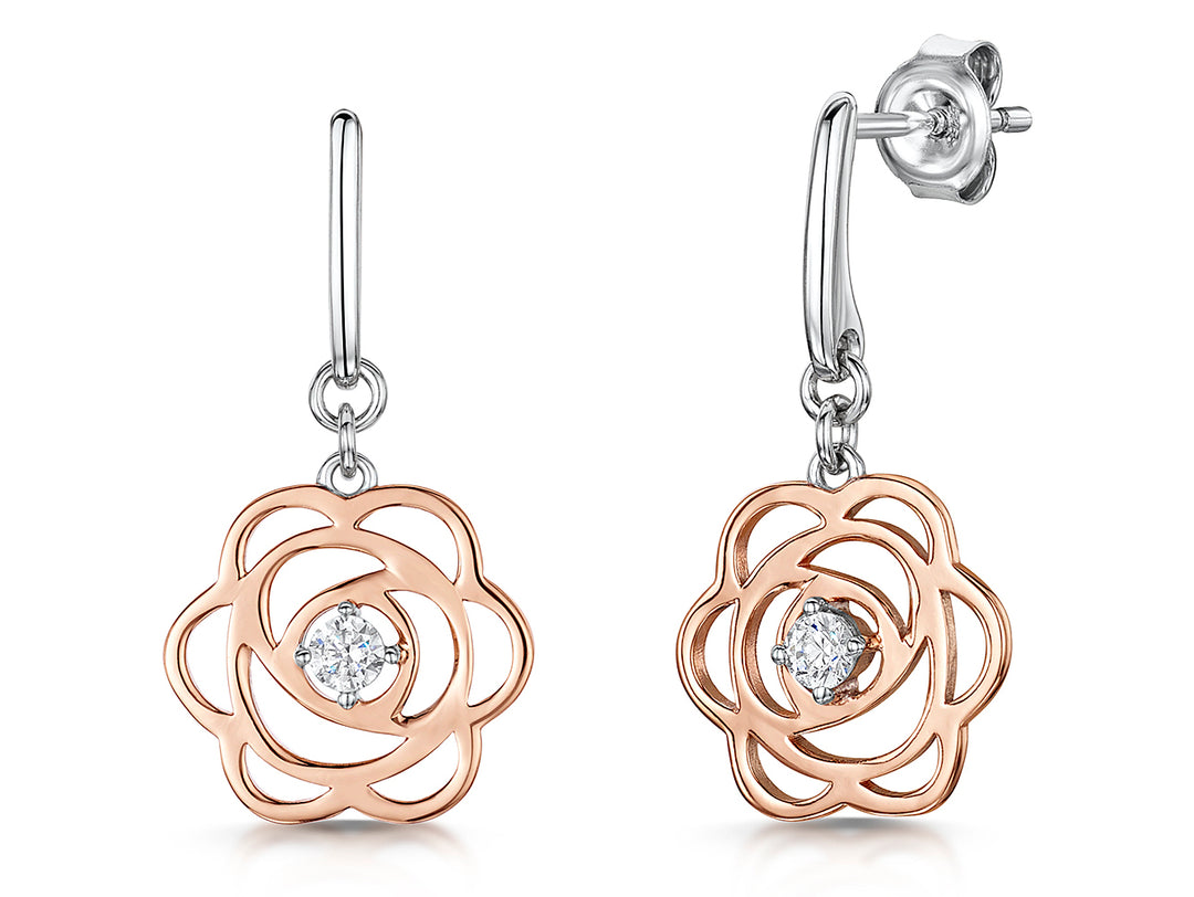 A pair of rose gold drop earrings featuring a rose petal design with a central cubic zirconia stone, accompanied by sterling silver details.