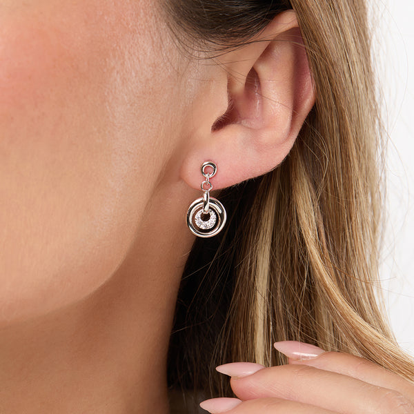 Sterling Silver Multi Circle Drop Earrings Wih Cubic Zirconia Centres