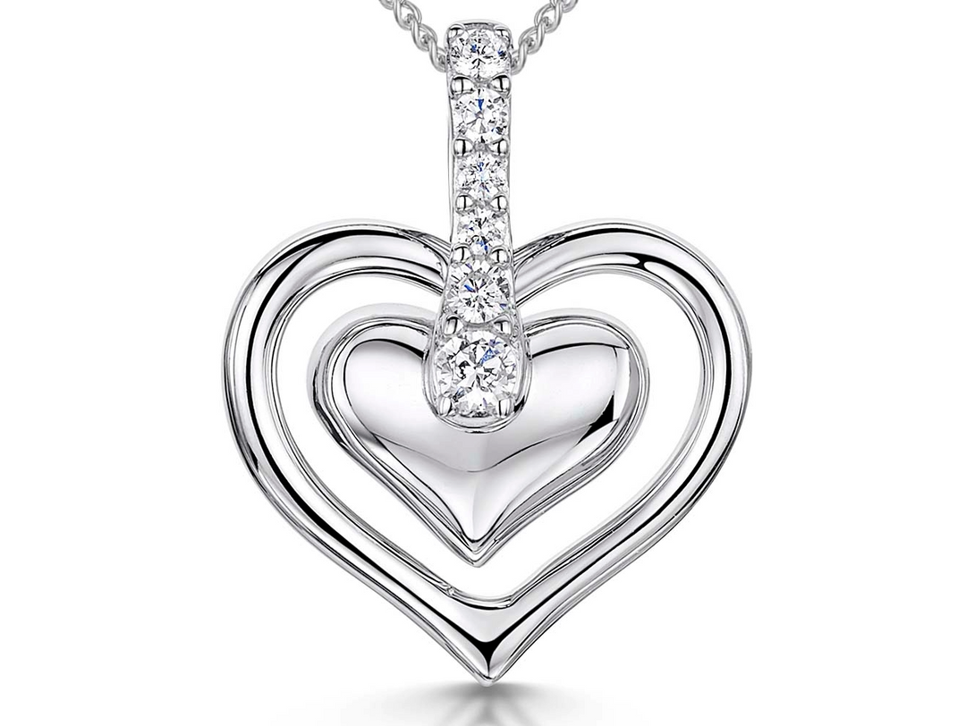 Sterling silver necklace with a double floating hearts design featuring cubic zirconia stones, rhodium finished for tarnish-free wear, comes with a 16-18 inch adjustable chain.-JOOLS by Jenny Brown