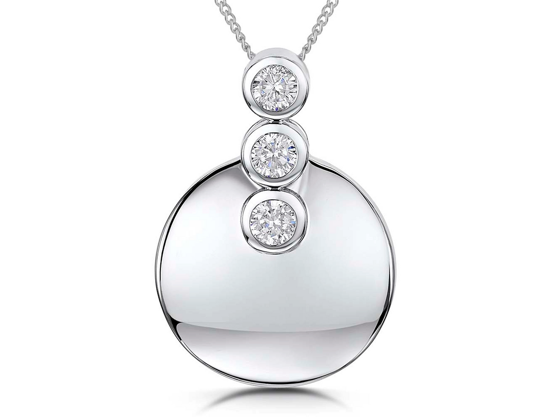 Sterling Silver Disc Pendant Set With Three Cubic Zirconia Stones