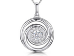 Load image into Gallery viewer, A sterling silver circle swirl pendant with a halo setting of cubic zirconia stones, displayed on a silver chain-JOOLS by Jenny Brown
