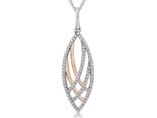 A marquise-shaped pendant with sterling silver and rose gold hues, featuring pave cubic zirconia stones, attached to a chain-JOOLS by Jenny Brown