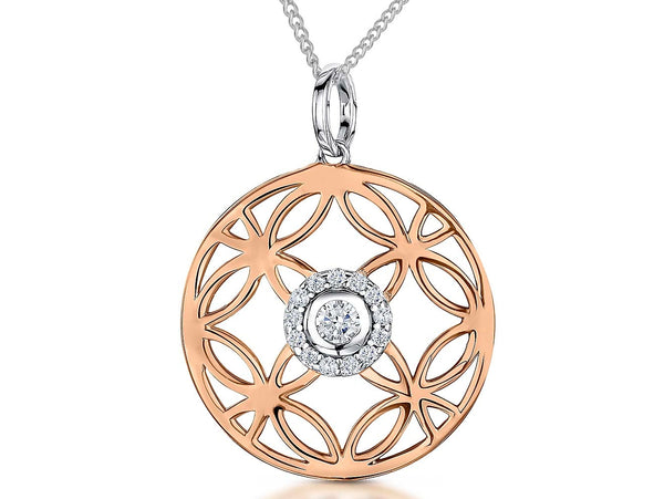 Rose gold pendant with an intricate open circle pattern and a central cubic zirconia, accompanied by a silver curb chain.