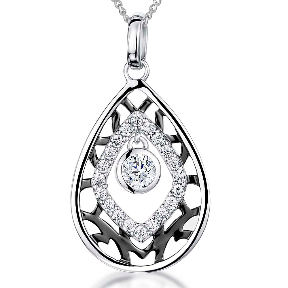 Sterling Silver & Black Teardrop Pendant With Cubic Zirconia