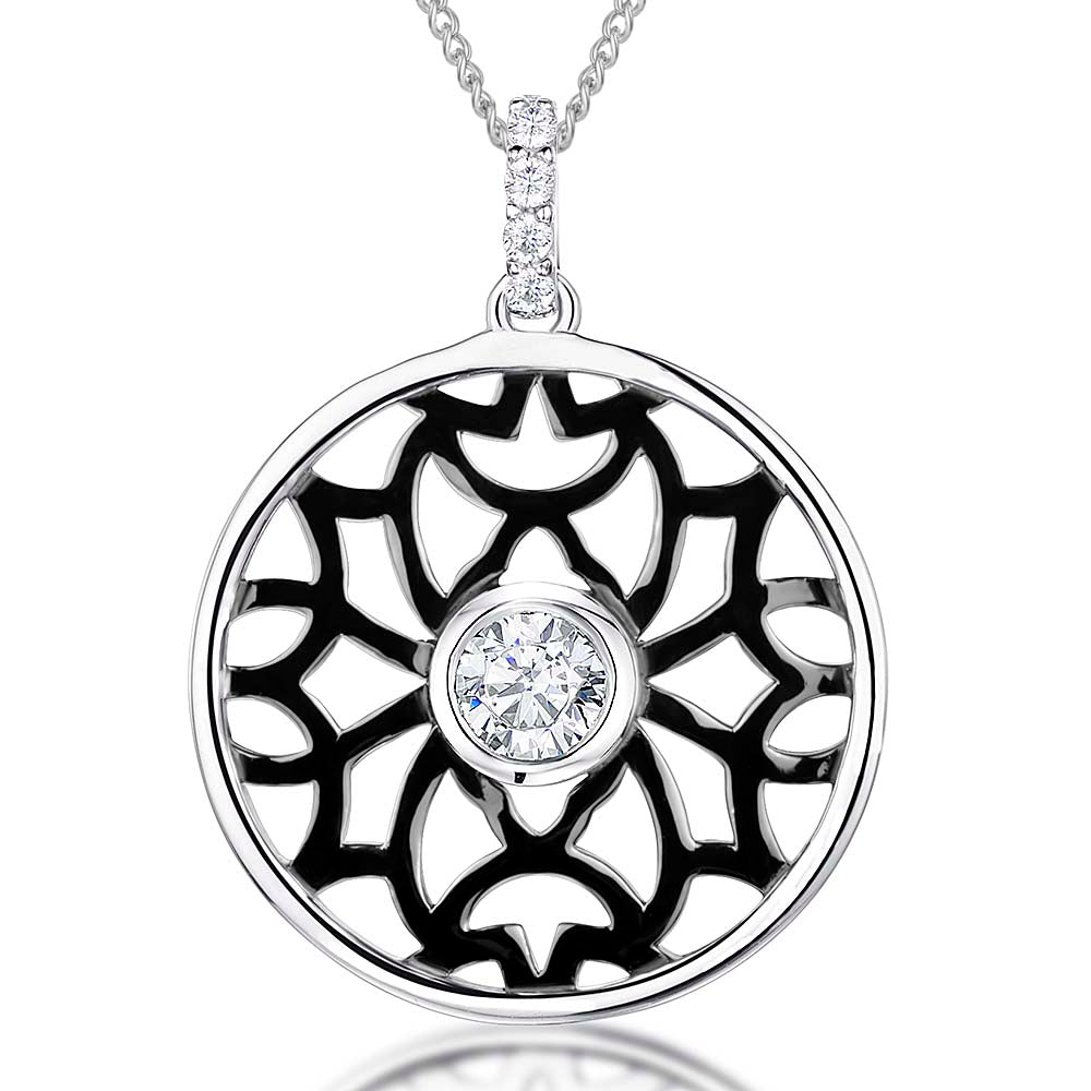 Sterling Silver Circle Pendant With A Ruthenium Filigree Centre