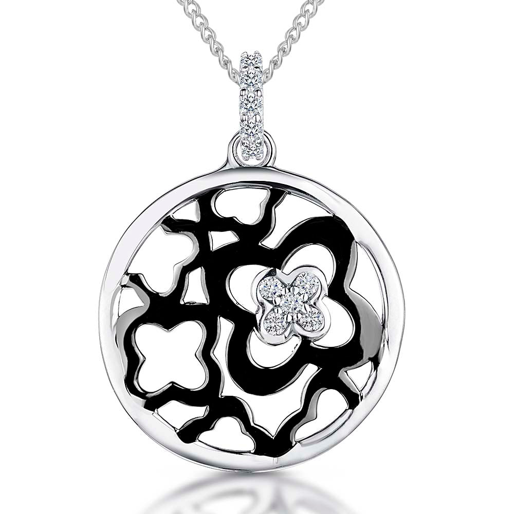 Sterling Silver Circle Black Flower Pendant