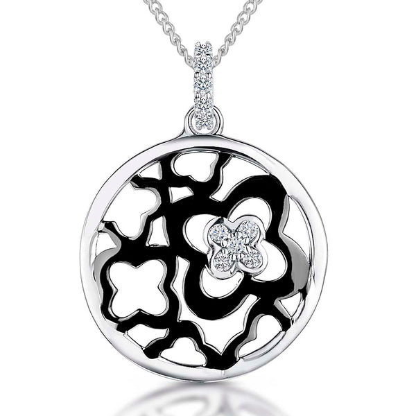 Sterling Silver Circle Black Flower Pendant