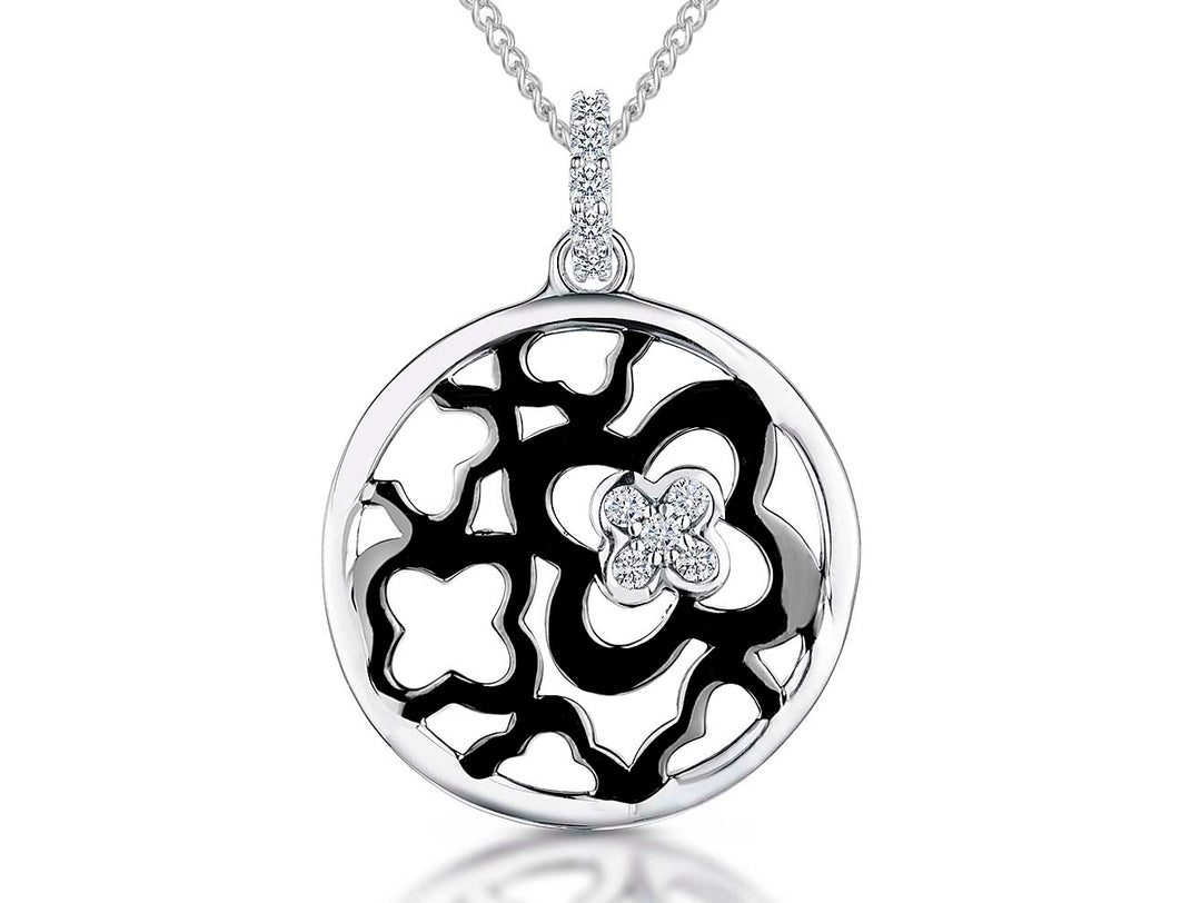 Sterling Silver Circle Black Flower Pendant