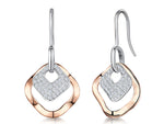 Load image into Gallery viewer, A pair of sterling silver rose gold open square drop earrings with pave cubic zirconia stones, displayed against a white background.
