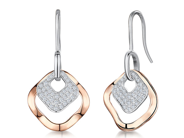 A pair of sterling silver rose gold open square drop earrings with pave cubic zirconia stones, displayed against a white background.