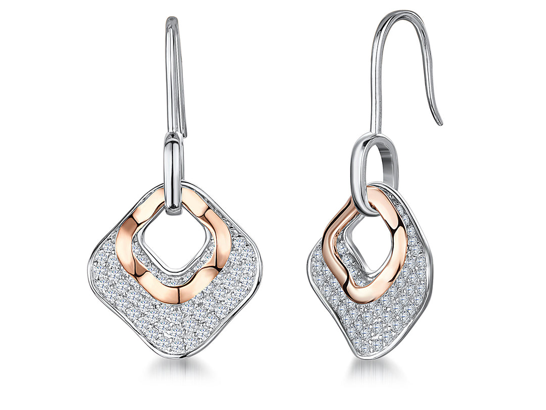 Sterling Silver  Cubic Zirconia Open Square Drop Earrings