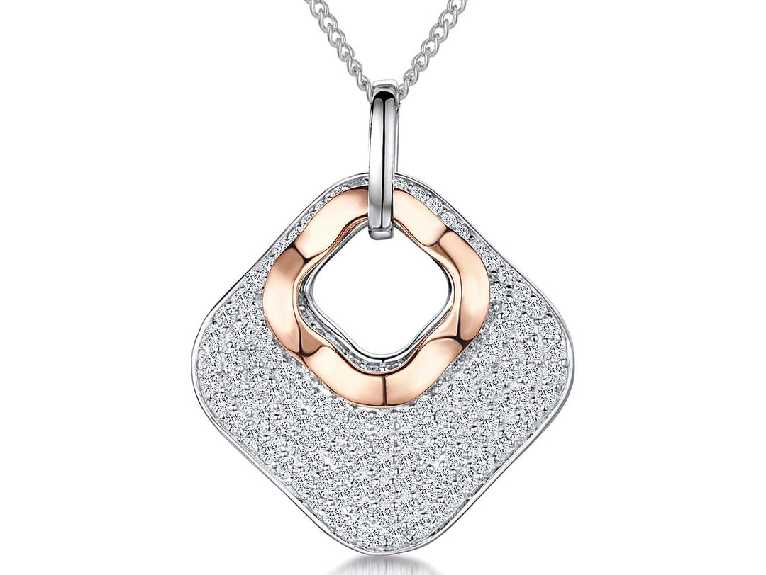 Sterling Silver Rose Gold Cubic Zirconia Open Square Pendant