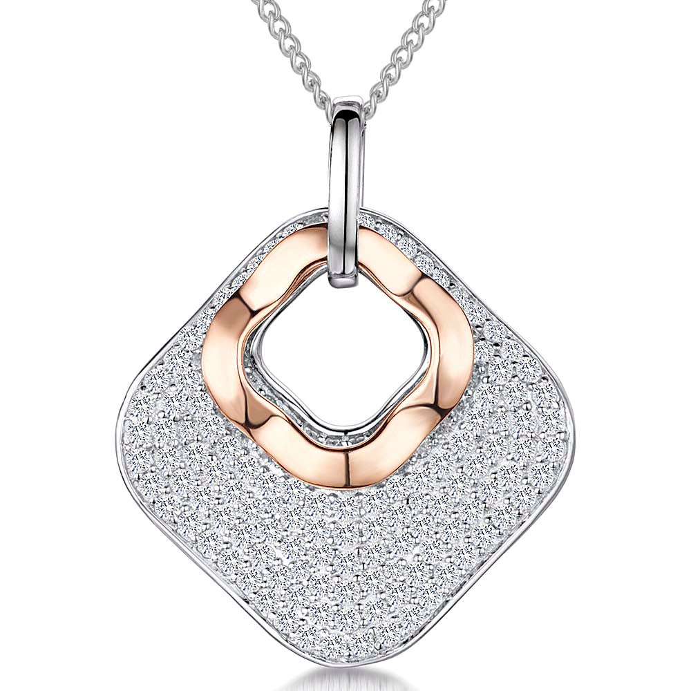 Sterling Silver Rose Gold Cubic Zirconia Open Square Pendant
