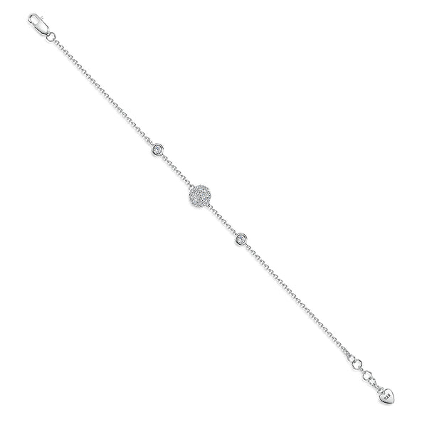 Delicate sterling silver bracelet featuring a central round pavé-set cubic zirconia bead, accented by two bezel-set round cubic zirconia stones on a fine chain with lobster clasp and 925 heart-tag detail.