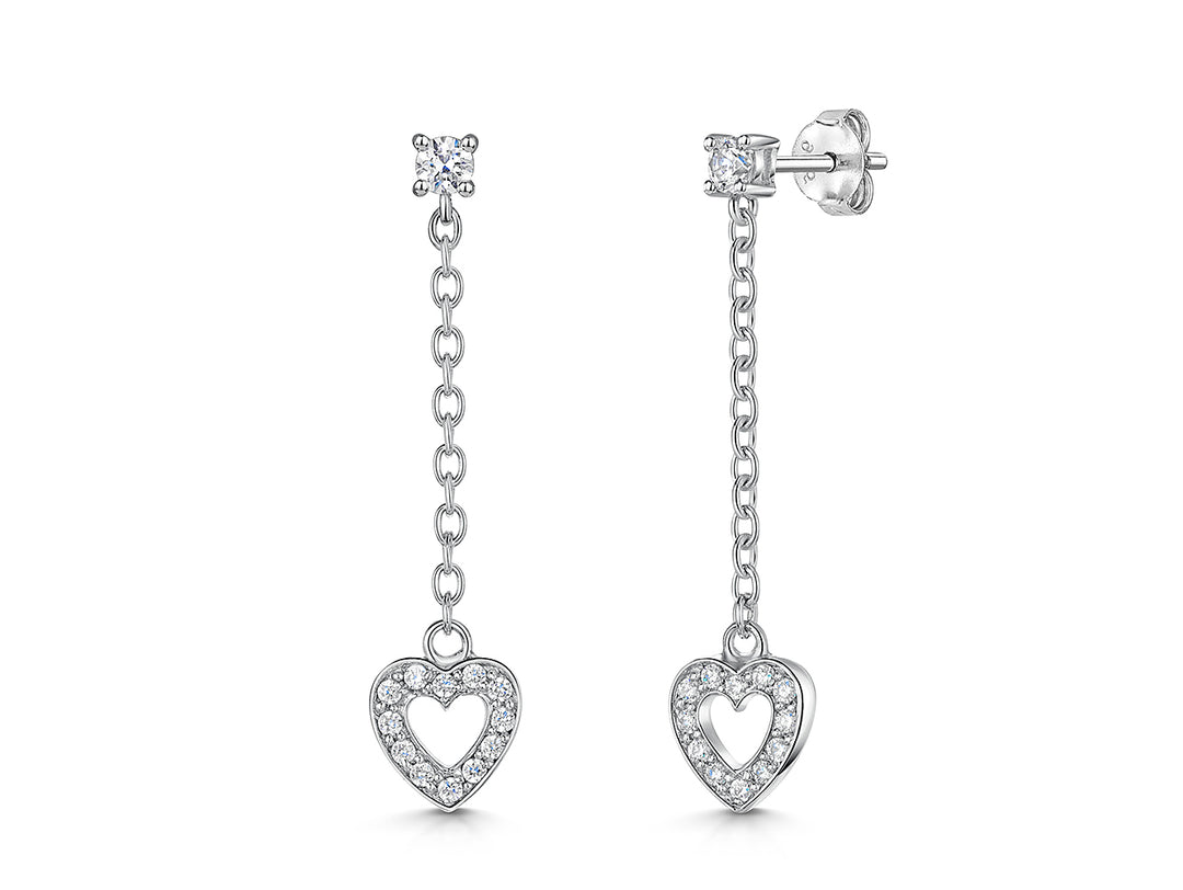 A pair of sterling silver heart drop earrings with cubic zirconia stones, featuring a 3mm stud bale and a 30mm drop.-JOOLS by Jenny Brown