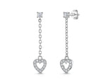 Load image into Gallery viewer, A pair of sterling silver heart drop earrings with cubic zirconia stones, featuring a 3mm stud bale and a 30mm drop.-JOOLS by Jenny Brown

