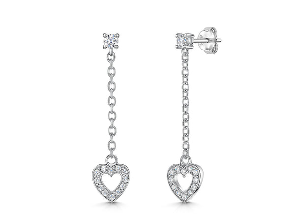 A pair of sterling silver heart drop earrings with cubic zirconia stones, featuring a 3mm stud bale and a 30mm drop.-JOOLS by Jenny Brown