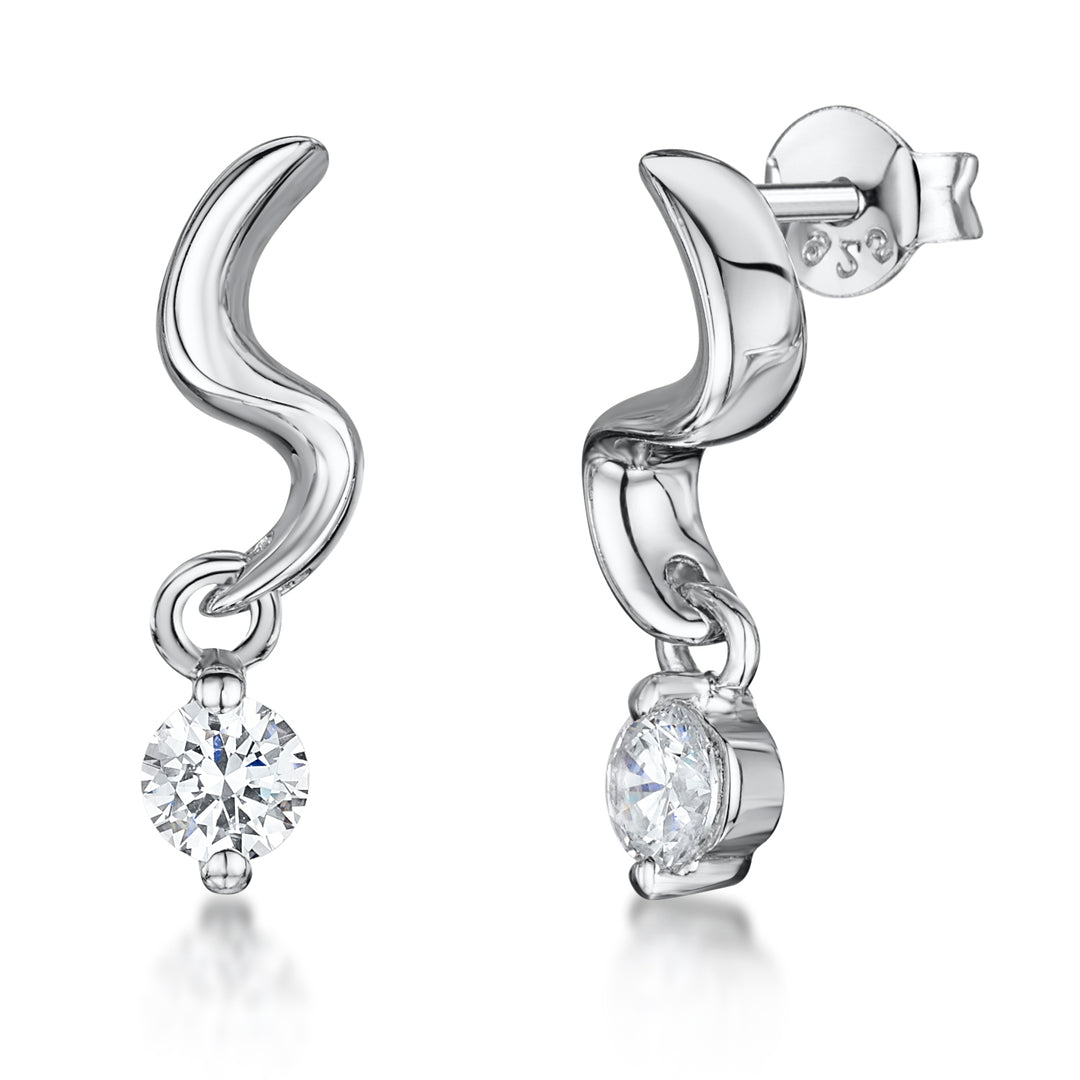 Sterling Silver S' Shape Drop Earrings- With A Round CZ On ' Silver Drop Stud - JOOLS By Jenny Brown