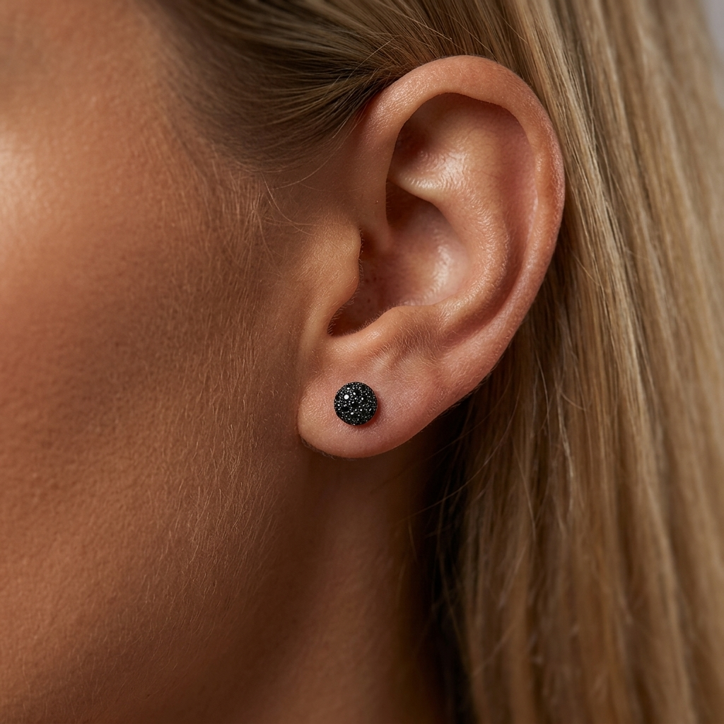 Sterling Silver Black Pave Disc Stud Earrings - 8mm