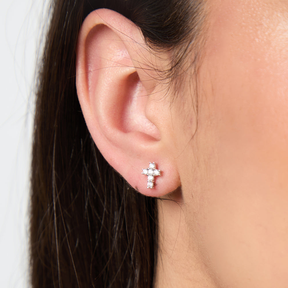 Silver & Cubic Zirconia Small  Cross Earrings-JOOLS by Jenny Brown