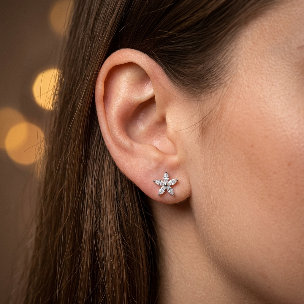 Sterling Silver Marquise Cubic Zirconia Flower Stud Earrings | Silver Blossom Studs