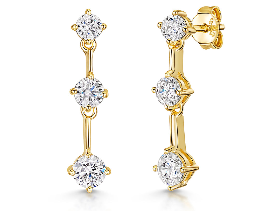 Yellow Gold Three Stone Cubic Zirconia Drop Earrings