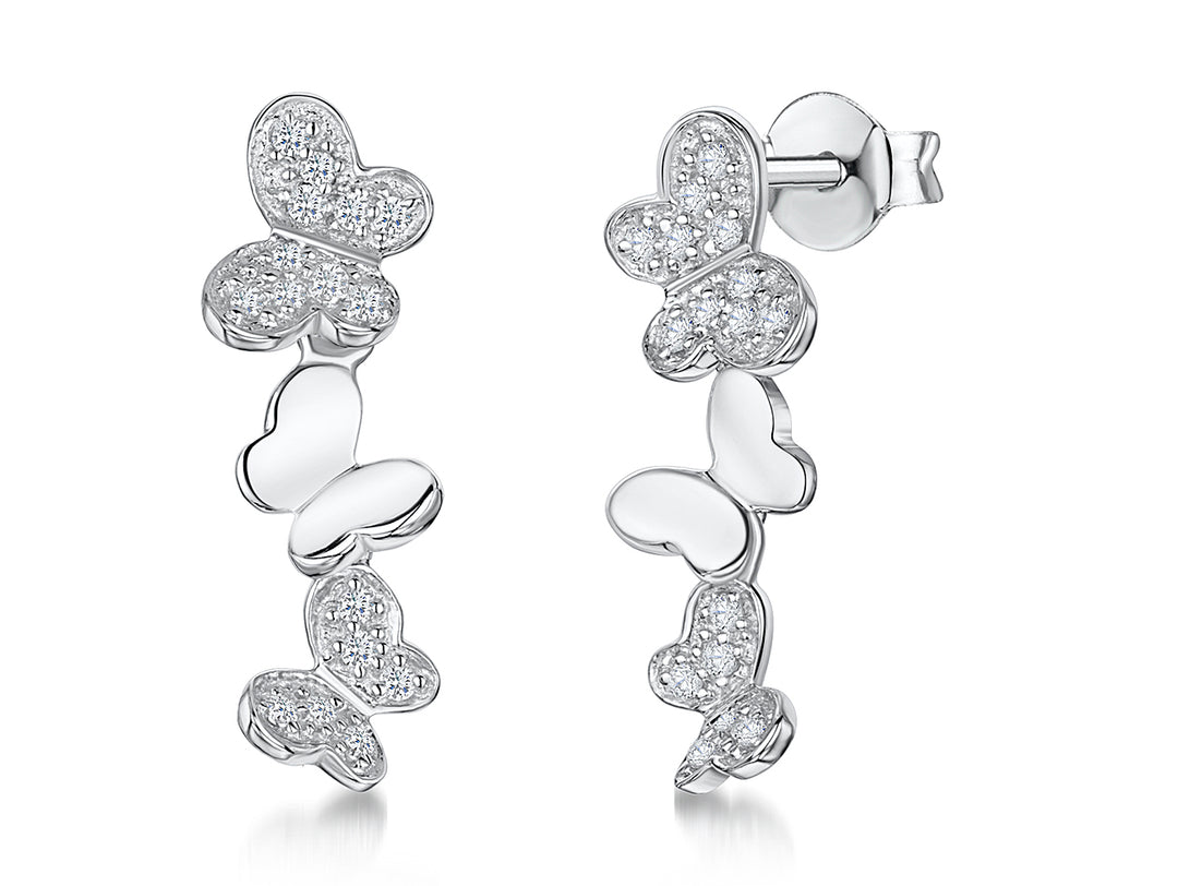 Sterling Silver Butterfly Drop Earrings Set With Cubic Zirconias